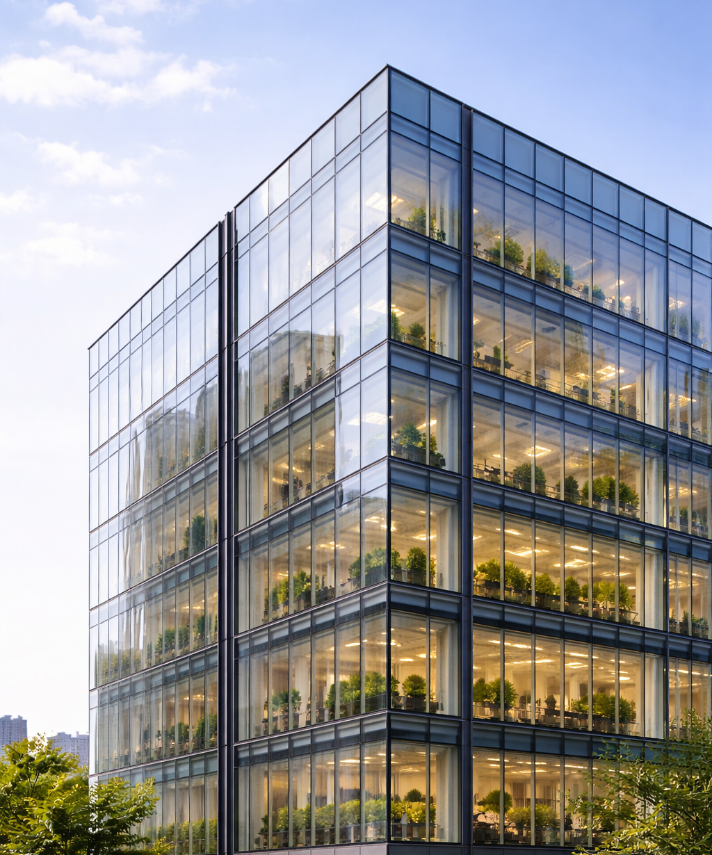 Υαλοπέτασμα Europa ECW 50 Hybrid σε σύγχρονο κτίριο γραφείων με structural glazing