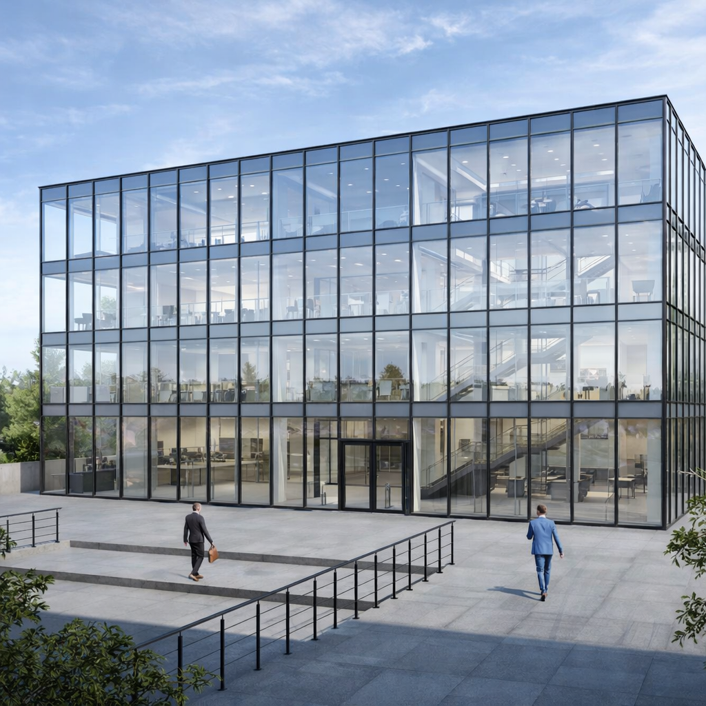 Υαλοπέτασμα Europa ECW 50 Hybrid σε σύγχρονο κτίριο γραφείων με structural glazing